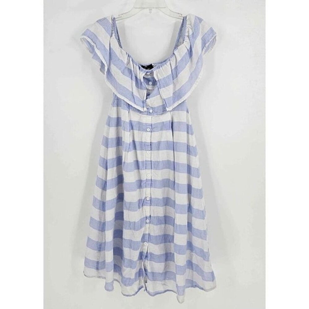 LULUS Transatlantic Voyage Blue Ivory Stripe off Shoulder Button Midi Dress Sz S